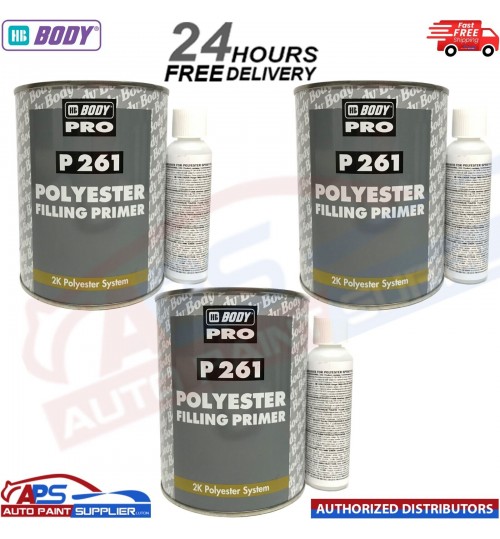 3x HB BODY P261 POLYESTER SPRAY FILLER PRIMER WITH HARDENER 1LTR (FAST DISPATCH)